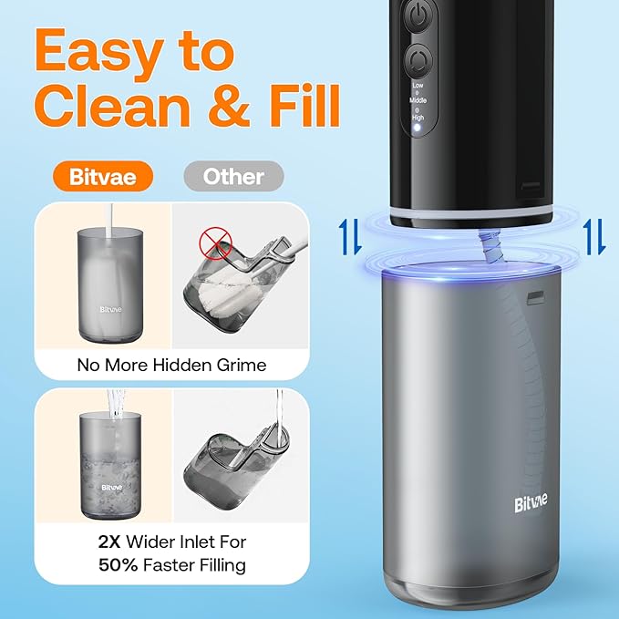 Bitvae P1 Water Dental Flosser Travel Water Teeth Picks Cordless Mini Water Cleaner Picks with Telescopic Water Tank IPX7 Waterproof Flossing Cleaning Picks Brace &amp Sensitive Teeth Care Black
