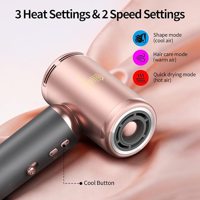 Dual Voltage(100~250V) Travel Mini Hair Dryer with European Plug Adapter for International Travel 110000 RPM High-Speed Portable Hair Dryer with Concentrator Nozzles