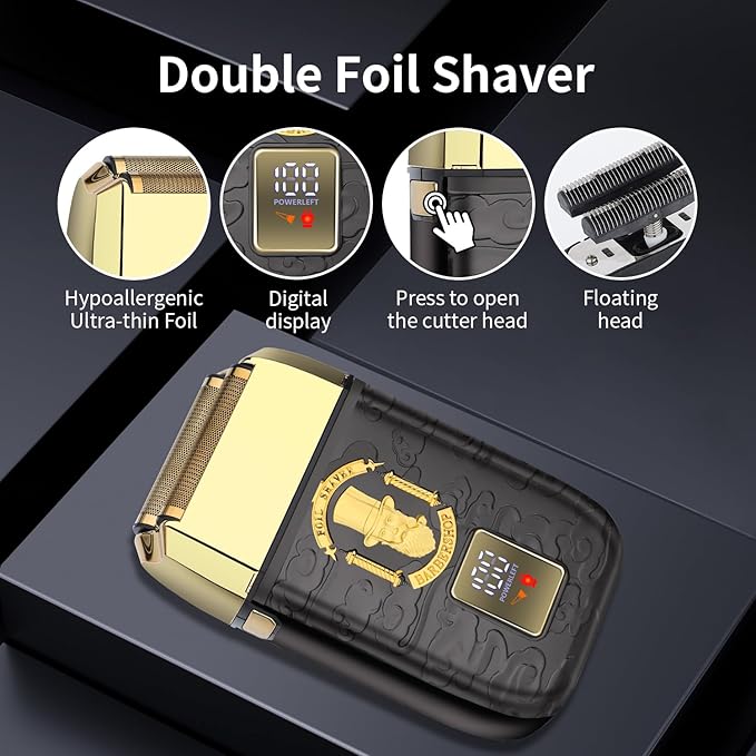 HIENA PRO Professional Foil Shaver for Men Double Electric Foil Trimmer Cordless Bald Head Precision Trimmer Electric Razor Rechargeable with USB Gifts for Men (BGGM)