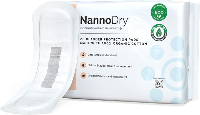 Natural Incontinence Pads - Organic Cotton Bladder Leakage Pads - Extra Large Pads for Incontinent Adults - Nannocare Super Dry (20 Count (Pack of 1) - 16 Long