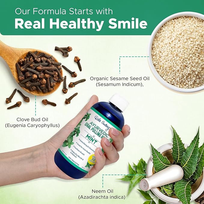 Pack of 3 Ayurvedic Organic Oil Pulling for Teeth and Gums | Refreshing Mint Flavored Oral Rinse Mouthwash | Essential Oils for Bad Breath | Teeth Whitening Pulling Oil &amp Gum Care Mouthwash-8 FL O
