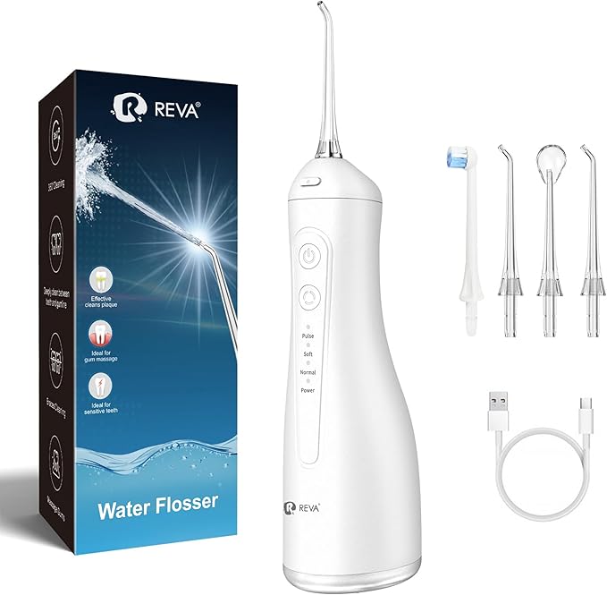 Portable Water Flosser for Teeth - 4 Modes Cordless Oral Irrigator with 300ML Tank 360° Rotating Nozzle 4 Jet Tips Rechargeable IPX7 Waterproof Low Noise Gravity Ball Design (M159 - White)