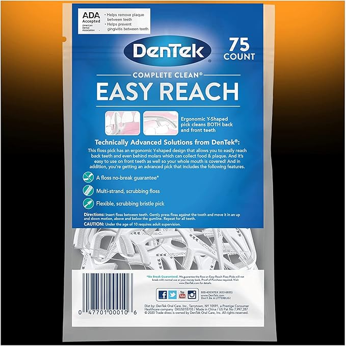 DenTek Complete Clean Easy Reach Floss Picks No Break &amp No Shred Floss 75 Count (Pack of 12)