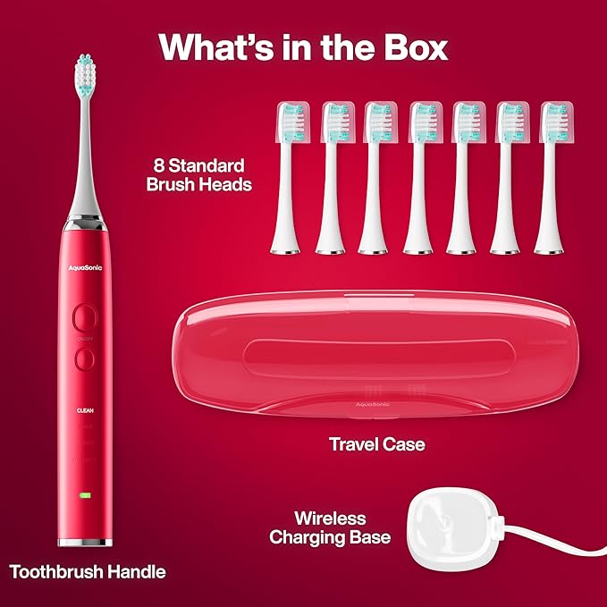 Aquasonic Vibe Series Ultra-Whitening Toothbrush – ADA Accepted Electric Toothbrush - 8 Brush Heads &amp Travel Case – 40000 VPM Motor &amp Wireless Charging - 4 Modes w Smart Timer – Ruby