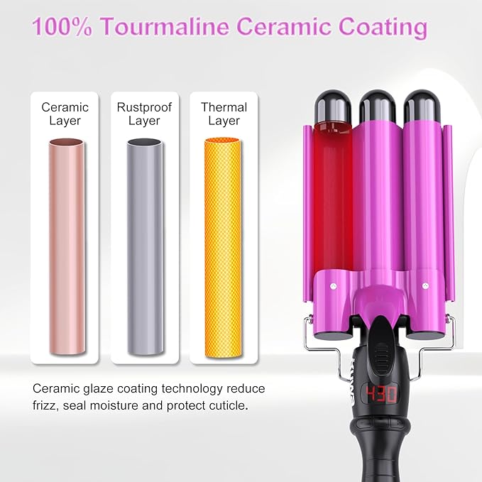 1 Inch Three Barrel Curling IronFast Heating Hair Crimper for WomenCrimper Hair Tool with LCD Temperature Display60 Min Auto-Off Hair WaverDual Voltage WaverHair Tool
