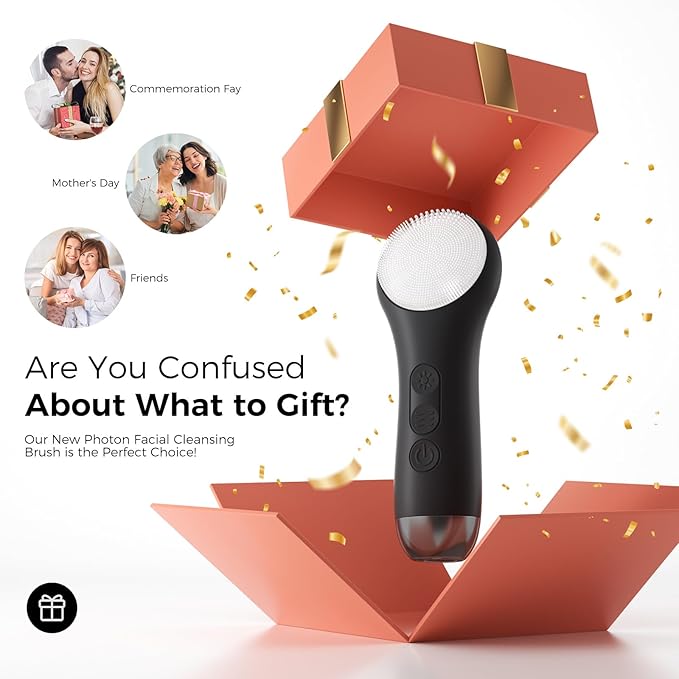 Face Scrubber Facial Cleansing Brush - Waterproof and Rechargeable Face Cleansing Brush with 4 LED Gentle Light Cleansing Exfoliating and Massaging Electric Face Scrub Brush for Men &amp Women