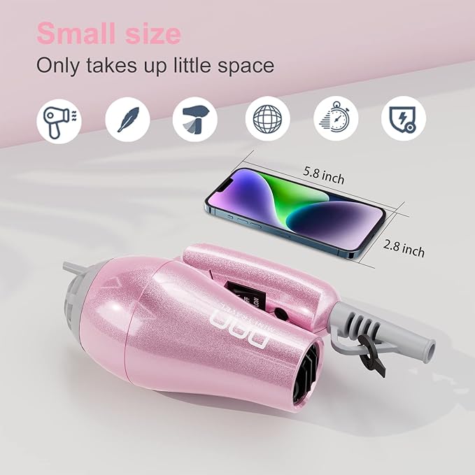 DAN Technology Hair Styling Set Including Travel Hair Dryer Mini Flat Iron and Travel Curling Iron with European Plug Dual Voltage Portable Storage Bag Pink