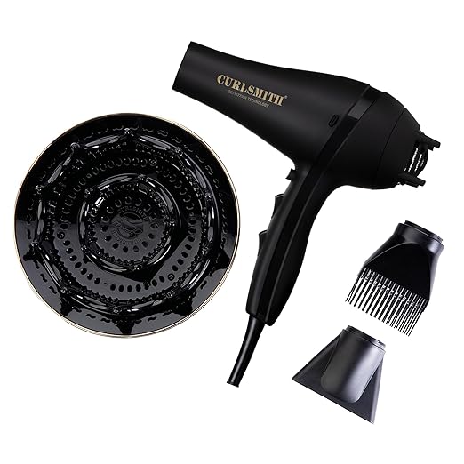 Curlsmith Defrizzion Hair Dryer - for Curly Hair w/Extra Large 8 Diffuser for Fast Drying 2 Speeds 3 Heat Settings Sustained Cool Setting with Minimal Heat Impact