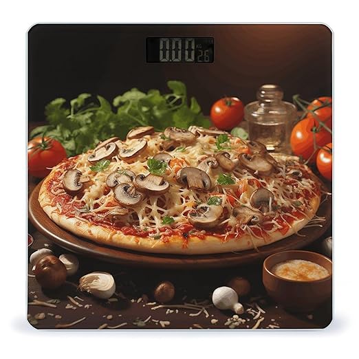 Pizza with Mushrooms and Tomatoes on Top Bathroom Scale Rounded Smart Scale for Body Weight Automatic Power On/Off Weight Scales Accurate Bathroom Digital Scales for Pet Home Bedroom Kitchen