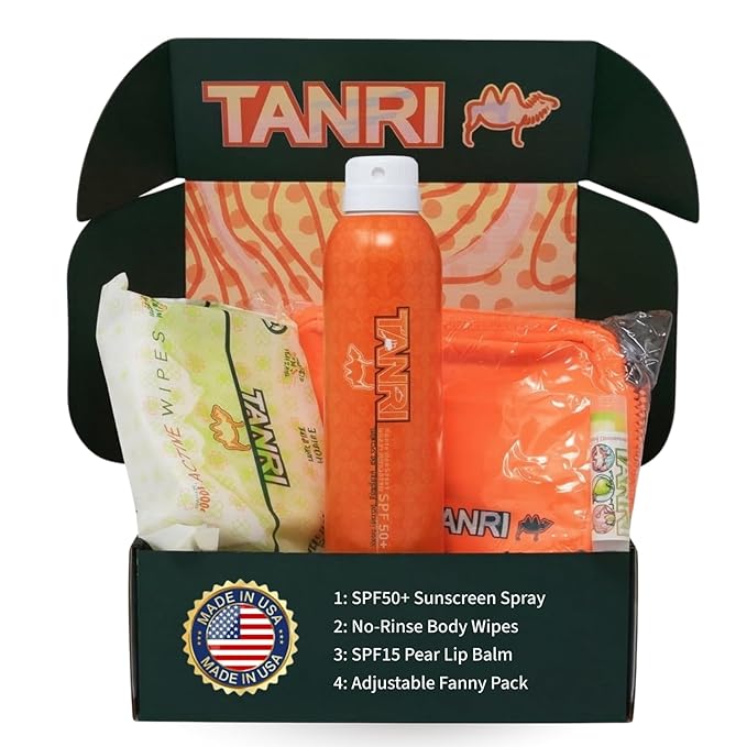 TANRI Primo Explorer Pack Includes SPF50+ Sunscreen Spray that Goes on Clear Active Wipes No-Rinse Body Wipes Moisturizing SPF15 Pear Lip Balm and an Adjustable Fanny Pack (4-Pack Bundle)