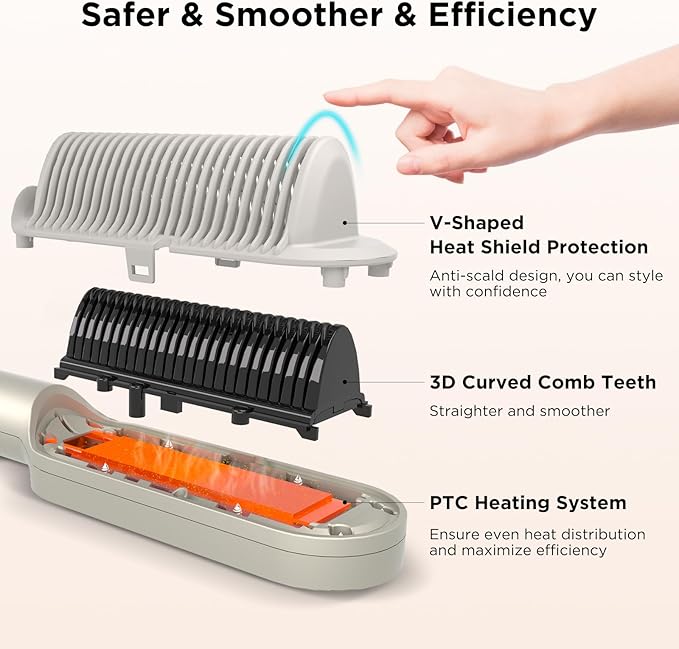 Prizm Hair Straightener Brush 20s Fast Heating Negative Ions Hair Straightening Comb with Less Frizz 4 Temp Settings &amp LED Display Anti-Scald Design for Home Salon Dual Voltage Champagne Sil