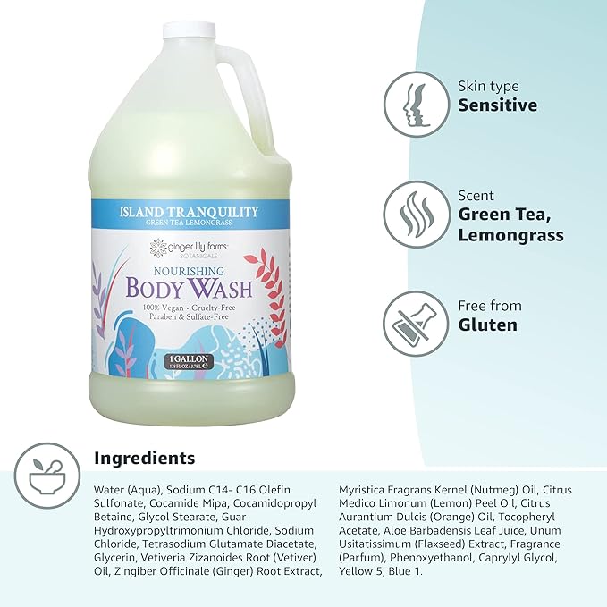Ginger Lily Farms Botanicals Nourishing Body Wash Island Tranquility 100% Vegan &amp Cruelty-Free Green Tea &amp Lemongrass Scent 1 Gallon Refill (128 fl. oz.) (Pack of 2)