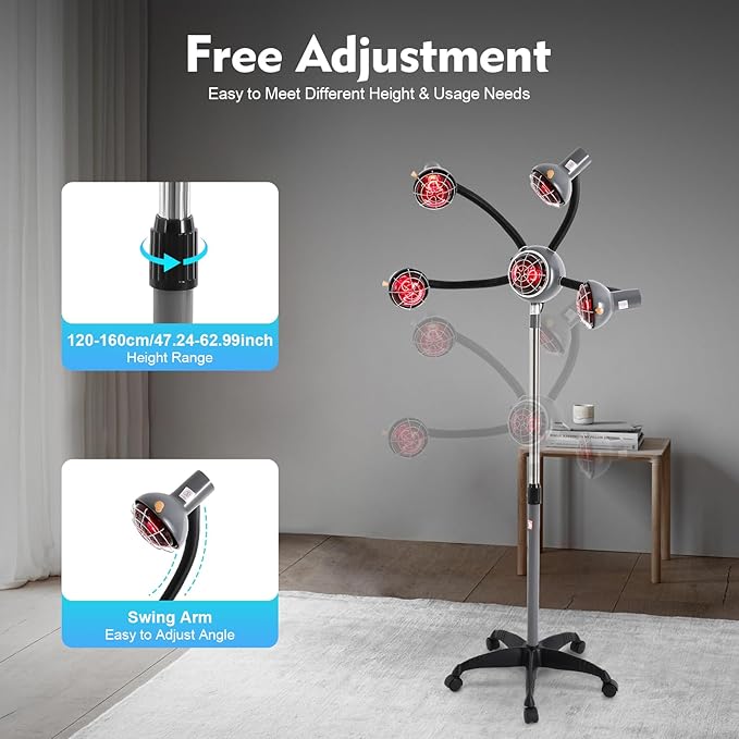 5 Head Infrared Heat Lamp750W Standing Salon HairRed Lamp Salon Hair Steamer Perming Dyeing Adjustable Height Machine with Flexible Arms and Rolling Base
