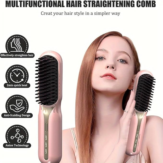 Cordless Hair Straightener and Curler 2-in-1 Plasma Technique Portable Ceramic Hair Straightening Brush 3 Temp Settings Fast Heating Mini Straightening Brush Travel/Business Gift for Women