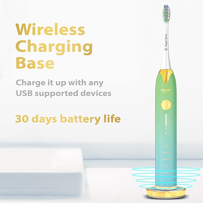 Wagner Stern Ultrasonic whitening Toothbrush with Pressure Sensor. 5 Brushing Modes and 4 Levels of Intensity 8 Soft bristles Travel case.