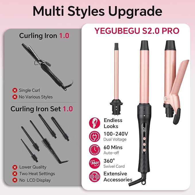 Curling Iron Set 3 in 1 Curling Wand with Interchangeable Ceramic Barrels 0.5 to 1.25 Inch 14 Temps Fast Heat for Multiple Curl Dual Voltage Travel Hair Curler