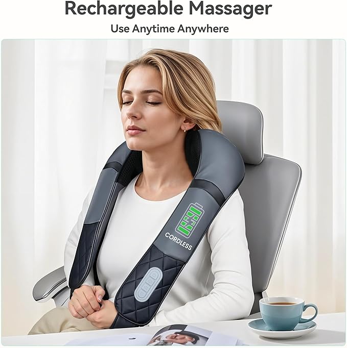 Snailax Rechargeable Neck Massager with Heat Shiatsu Back and Neck Massager Cordless Portable Deep Kneading Shoulder Massage Pillow Gifts for Dad Mom