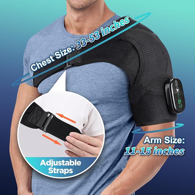 Cordless Heated Shoulder Brace with Vibration 3 Heat &amp Massage Settings Shoulder Heating Pad for Pain Relief Adjustable Shoulder Warmer for Men and Women(Black)