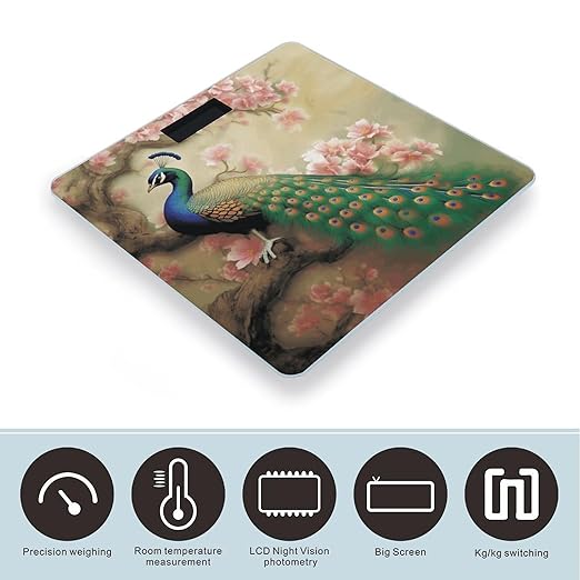 Oriental Peacock on Flower Tree Weight Scale for Body Weight Digital Bathroom Scale High Capacity Accurate Digital Weighing Scales and Easy-to-Read on Backlit LCD Display Scales