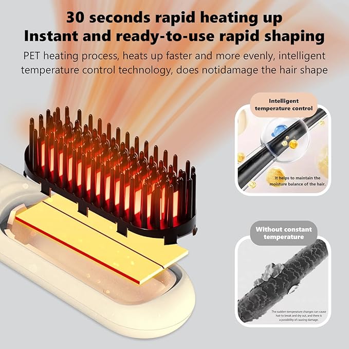 Go Brush Pro 2026 Hair Straightener 3-Temperature Fast Heating Ceramic Ionic Hair Brush Portable Frizz Control Styling Tool for Women Beige