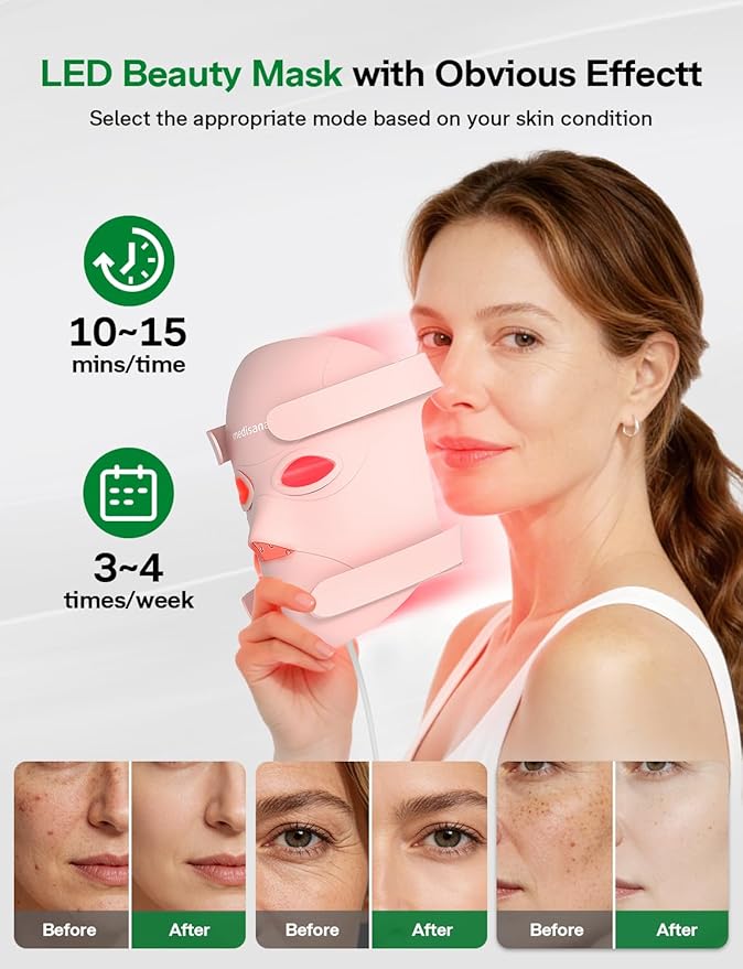 Medisana 3D Red Light Therapy Mask for Face 336 LEDs Light Therapy Mask with 3 Modes - NIR 830nm Red 630nm Blue 415nm - Cordless &amp Rechargeable LED Face Mask for Home Skincare Gifts for Women