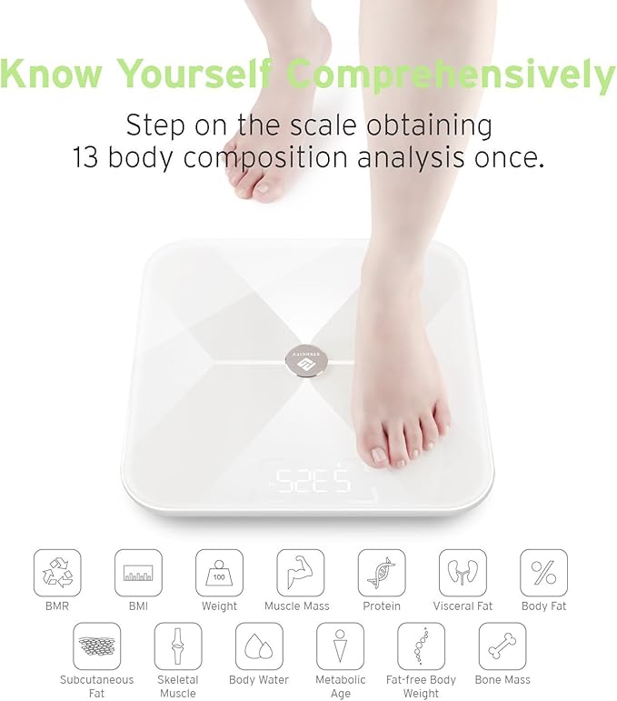 Etekcity Smart Bluetooth Body Fat Scale Digital Wireless BMI Weight Bathroom Scale with 13 Essential Measurements and ITO Conductive Glass Body Composition Analyzer with App White