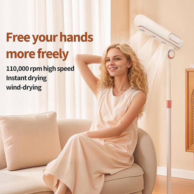 Hand Free High Speed Hair Dryer Floor Adjustable Height 110000 RPM Ionic Brushless Professional Handfree Hair Fast Dryer Three air outlets Low Noise Blow Dryer with Remote Control for Home