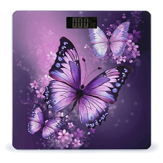Beautiful Purple Butterfly Art Weight Scale Large Bathroom Scales Digital Weight with Bright LED Display Non Slip Automatic Weighing Scale Fashion Weighing Machine for Body