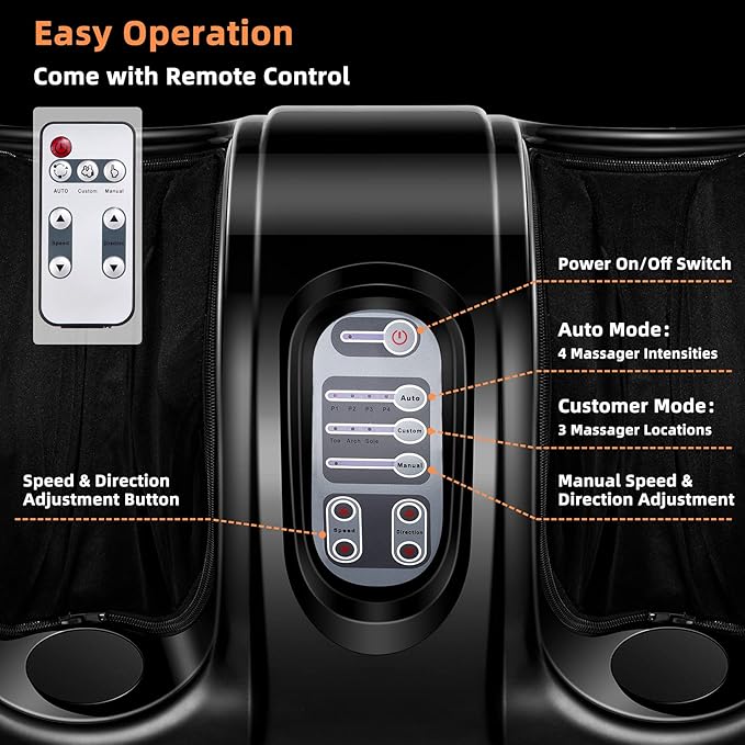 RELAX4LIFE Shiatsu Foot Massage Machine Rolling Massager with Remote Control 4 Programs 3 Modes Touch Panel Electric Calf Deep Kneading for Plantar FasciitisTired Muscle Massaging (Black)