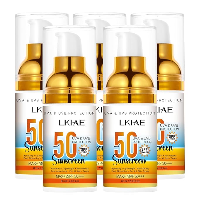 LKIAE Spf 50+ Sunscreen UVA UVB Protection Prevent Sunburn Skin Darkening Pigmentation Anti-Wrinkles With Aloe Vera Travel Size 2 oz (Pack of 5)