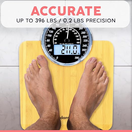 Adamson Hybrid 2-in-1 Analog &amp Digital Weighing Scale for Body Weight up to 400lbs - Thick Tempered Glass - Extra Large Display - Easy to Read Digital Bathroom Scale - Wood with White Backlight