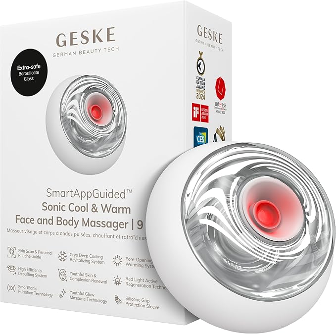 GESKE SmartAppGuided™ Sonic Cool &amp Warm Face &amp Body Massager | 9 in 1 | Electric Massager | Face &amp Body | Battery-Free Cooling &amp Warming | Firms Relaxes &amp De-Puffs Skin | with Sma