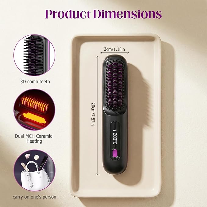 Cordless Portable Hair Straightener Brush Mini Hair Straightener Brush with LCD Temper Ature Display 3 Adjustable Temperatures Rechargeable Heating for Home Travel and Morning Rush (White+Blue)