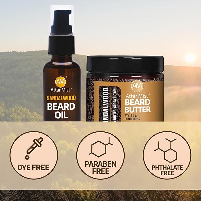 AM Beard Butter &amp Beard Oil for Men Beard Kit – Sandalwood Beard Care Kit for Men – Beard Softener Moisturizer &amp Itch Relief – Mustache Oil – Shea Cocoa Butter Argan Oil Vitamin E – 4 oz