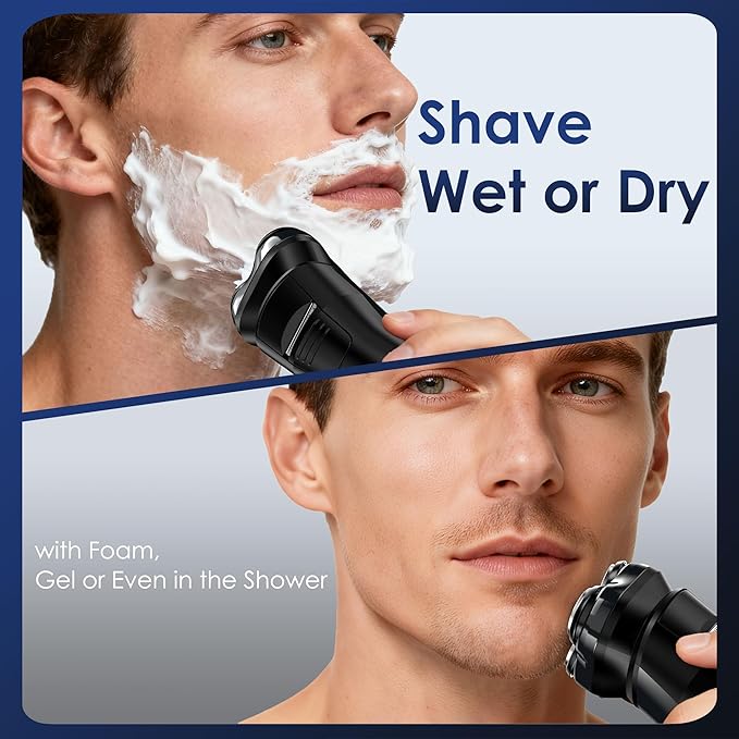 Electric Rechargeable Shaver for MenWet &amp Dry Electric Razor IPX7 Waterproof Rotary Shaver for Men4D Floating Head LED DisplayType-C Travel-FriendlyBlack