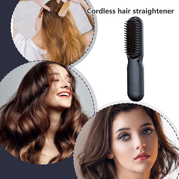 Straightener Brush - ABS Hair Brush | Rechargeable with 3 Temps Hair Comb 3600 MAh Negative Ion Hot Brushes for Women Volumizing Frizz Control Home Travel Party Wedding Birthday Christmas