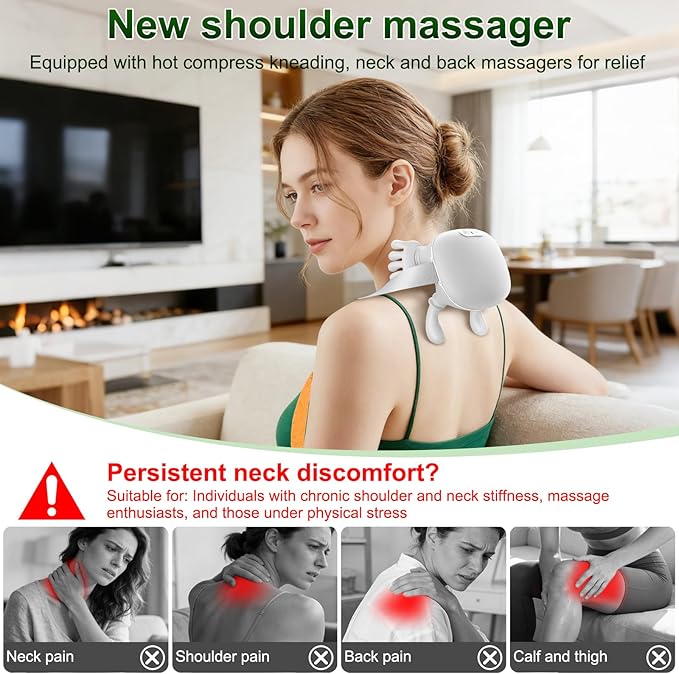 Neck Massager Neck and Back Massager with Heat &amp 4D Kneading Shiatsu Deep Tissue Wireless Massager for Shoulder Cervical Pain Relief Portable Rechargeable for Home Office (White)