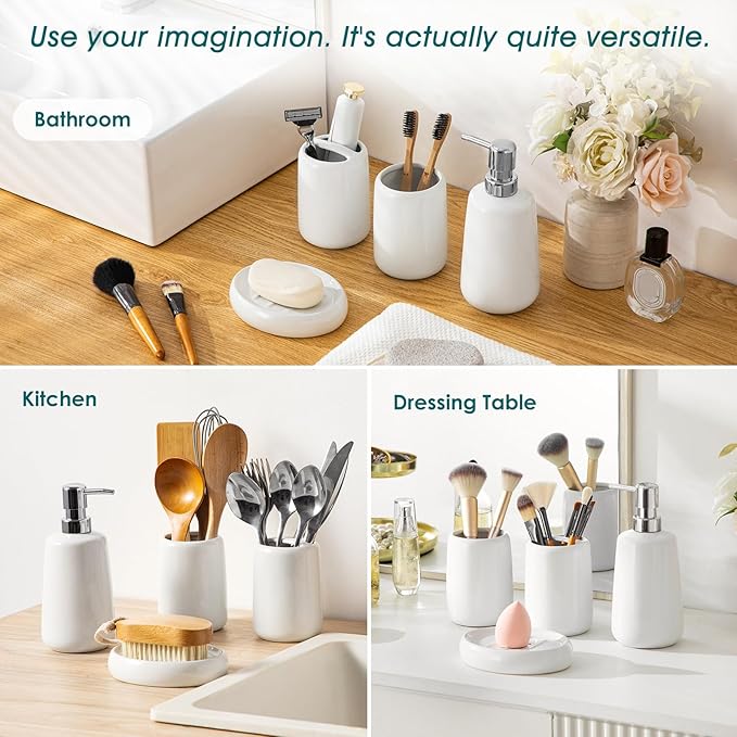 vancasso White Bathroom Accessories Set Ceramic Soap Dispenser and Toothbrush Holder Sets Stoneware 4 Pcs Bathroom Sink Set for Modern Home Decor