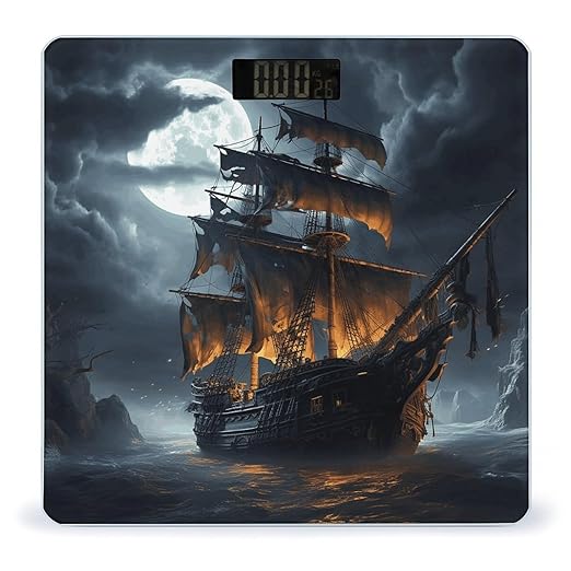 Pirate Sailboat Full Moon Bathroom Scale Automatic Power On/Off Body Scales LCD Backlight Display Square Digital Scale Rounded Corners Bathroom Scales for Home Bedrooms