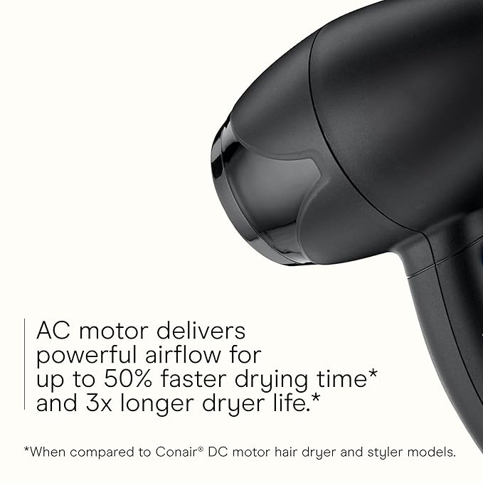 INFINITI PRO CONAIR Travel Hair Dryer 1600W Mighty Mini Compact Blow Dryer with Concentrator Attachment Lightweight Professional AC Motor for Fast Drying 3 Heat &amp 2 Speed Settings Black