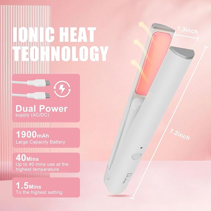 Mini Portable Cordless Hair StraightenerUSB RechargeableRapid Heating can Work continuously for 40 MinutesWireless Curling Iron for Travel (White)