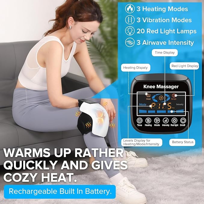 4-in-1 Knee Massager – Deep Heat Red Light Vibration &amp 3D Massage Cordless and Portable with large LED Screen Ideal for Joint Pain Relief &amp Post-Workout Recovery Gift for Families and Fri