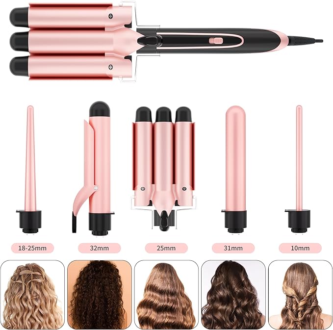 5 in 1 Curling Iron Set with 3 Barrel Wand 4 Interchangeable Ceramic Fast Heat Crimper Dual Voltage Hair Waver Protective Glove &amp 2 Clips (Curling Iron: 0.35 - 1.25)