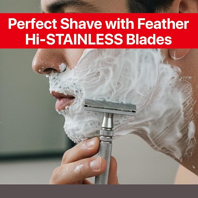Feather - All Stainless Steel Double Edge Safety Razor AS-D2 - Luxurious Single Blade Razor for Men with Heavy Weight Handle - Built for Closer Shave - Includes 5 Hi-Stainless Blades - Made in Japan
