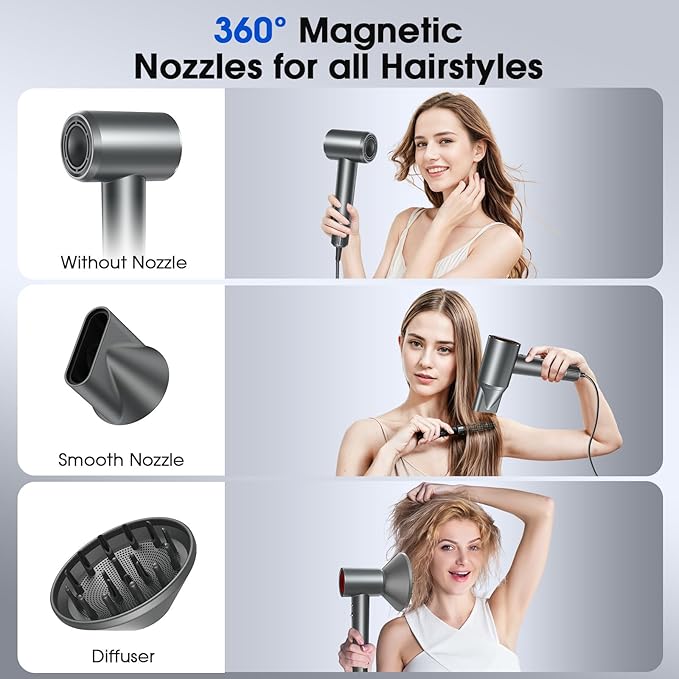 High-Speed Hair Dryer 150000RPM Brushless Motor for Ultra-Fast Drying 500M Ionic Negative Blow Dryer for Frizz Reduce Low Noise Hair Blow Dryer with Magnetic Diffuser for Home Travel Salon