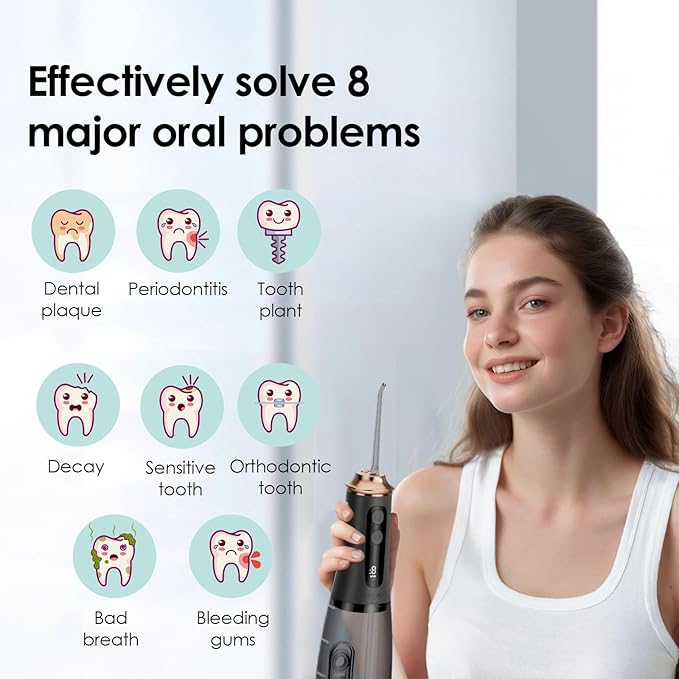 300ml Large Capacity Home Oral Irrigator 9 Modes Water Flosser with Adjustable Pressure for Gum Care/Breath Remover/Dentures (Black&ampGold)