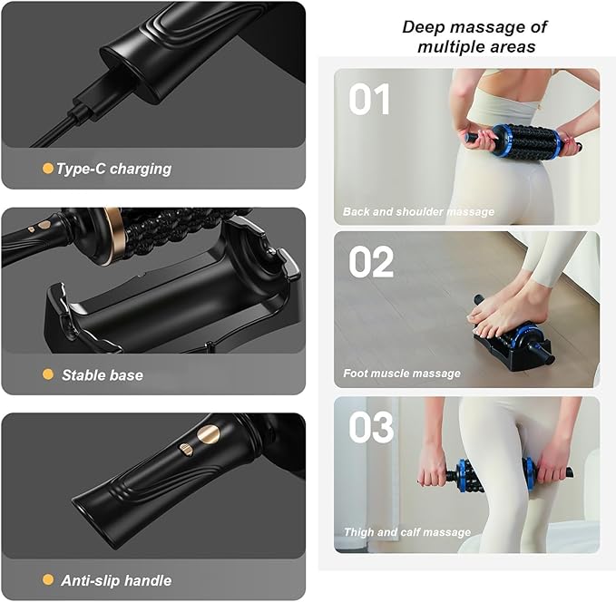 Electric Rolling Percussion Massager with Hands-Free Base Adjustable Intensity Rechargeable Muscle Roller Stick for Back Legs and Feet Adjustable Intensity Body Massage Tool (Rose Gold)