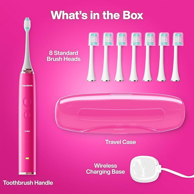 Aquasonic Vibe Series Ultra-Whitening Toothbrush – ADA Accepted Electric Toothbrush - 8 Brush Heads &amp Travel Case – 40000 VPM Motor &amp Wireless Charging - 4 Modes w Smart Timer – Electric Pink