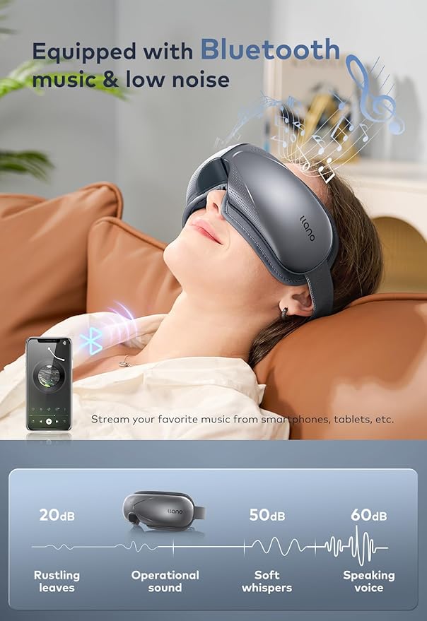 llano Eye Massager with Heat Heated Eye Mask with MusicFoldable Eye Care Face Eye Massager for Relax Eye Strain Dark Circle Dry Eye Birthday Holidays Gifts for Women/Men (Grey)