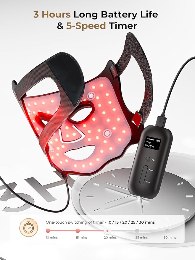 LED Light Therapy mask (E106A) for Face LED Light Therapy Mask with Adjustable Brightness and Timer Soft Silicone Red Light Therapy Mask for Home &amp Travel Black